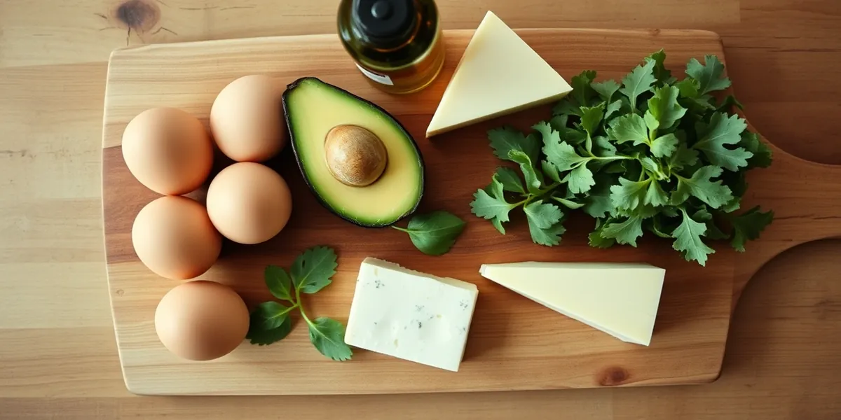 Ovos, abacate, azeite, queijo e folhas verdes sobre tábua de madeira, alimentos da dieta cetogênica