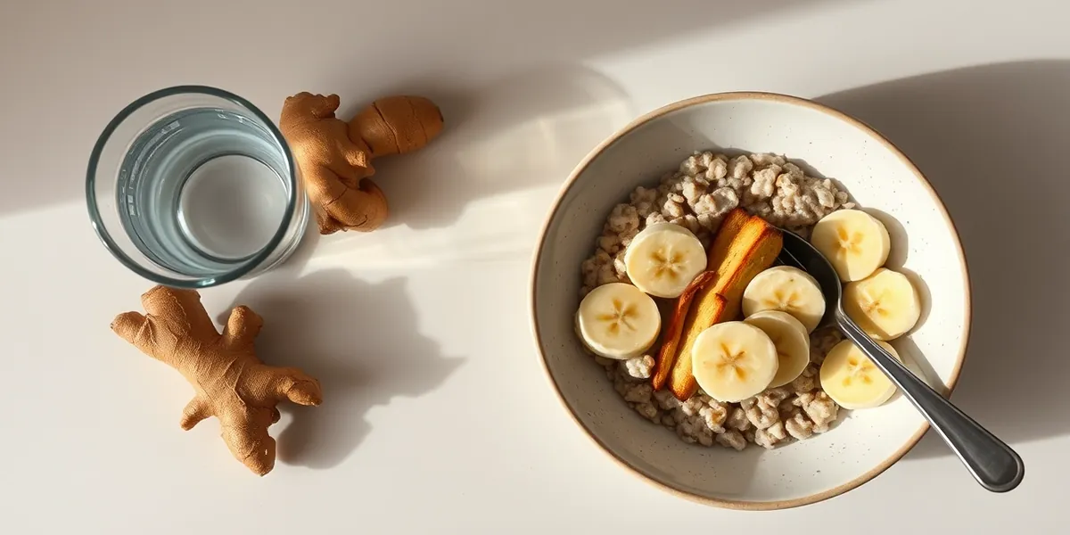 Copo de água, gengibre fresco e uma tigela de aveia com banana sobre mesa clara