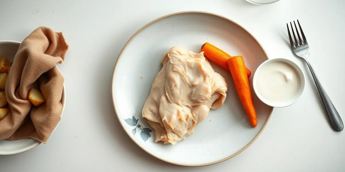 Prato com peito de frango, batata cozida, cenoura e um pequeno pote de iogurte, refeição para doença hepática