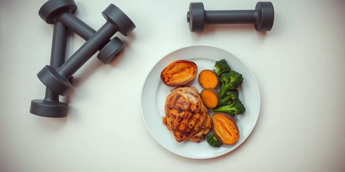 Prato com frango grelhado, batata-doce e brócolis ao lado de halteres pequenos sobre mesa clara