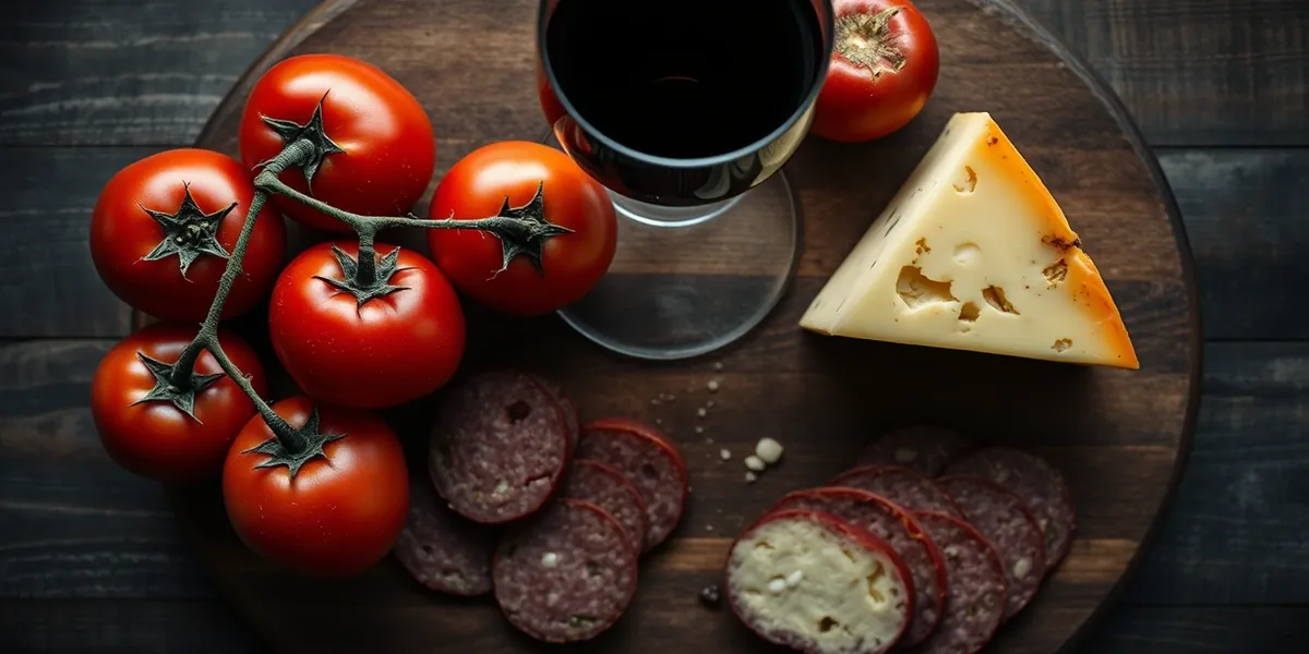 Tomate, queijo curado, vinho tinto e embutidos sobre tábua de madeira, alimentos ricos em histamina