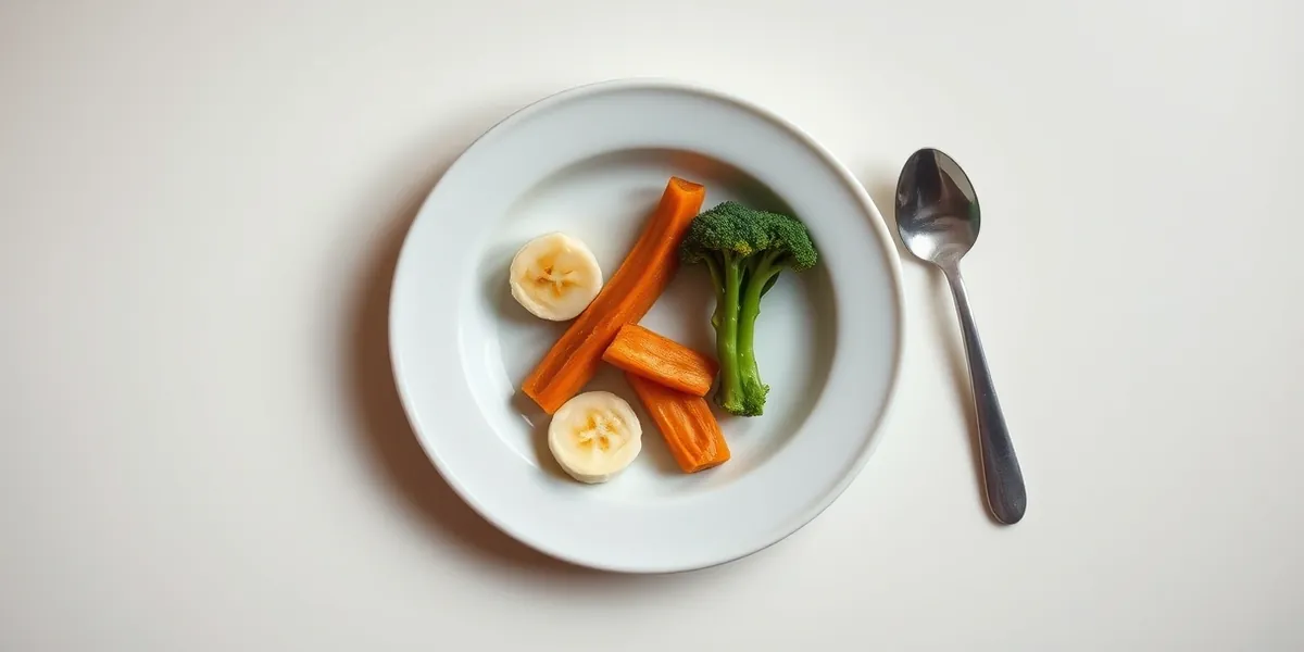 Pratinho de bebê com pedaços de banana, batata-doce cozida e brócolis, colher pequena ao lado