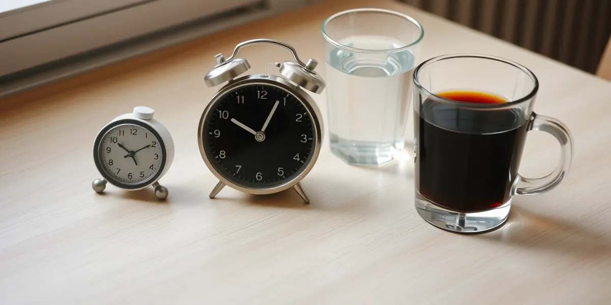 Relógio de mesa ao lado de uma xícara de café preto e um copo de água sobre mesa clara