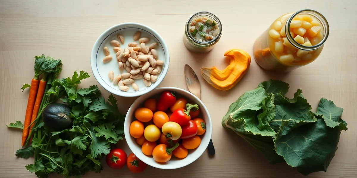 Legumes variados, feijão, kefir e chucrute em potes de vidro sobre mesa de madeira clara