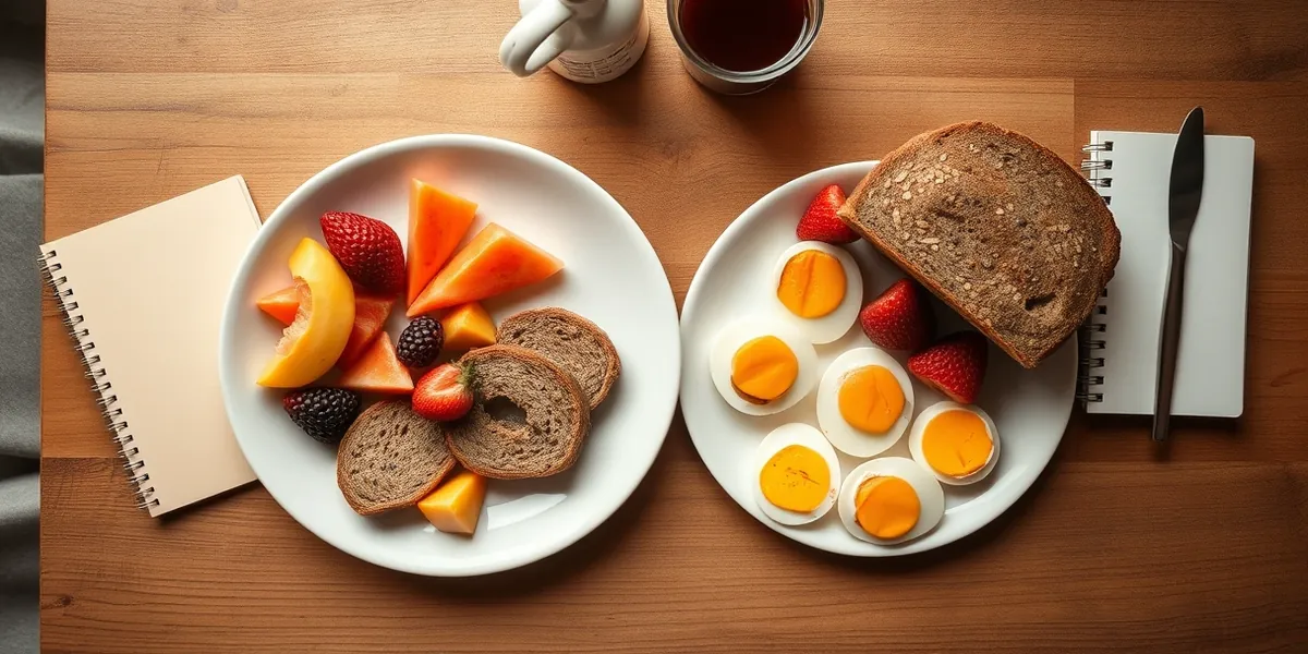 Mesa de café da manhã com frutas, pão integral, ovos e um caderno de anotações ao lado