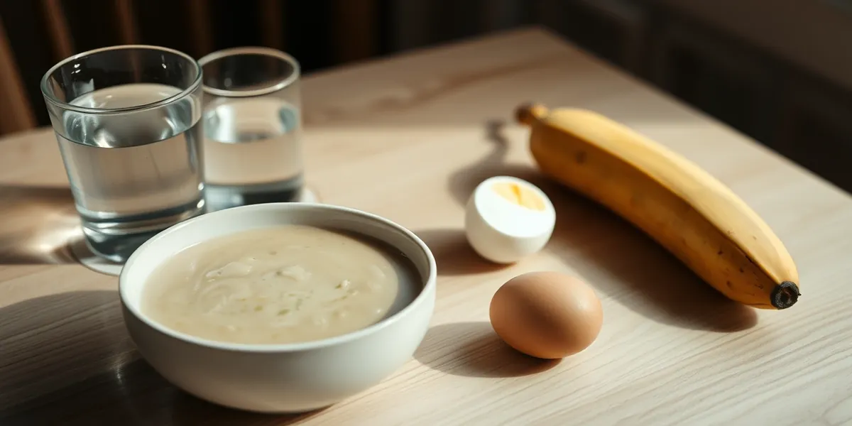 Tigela de sopa cremosa, ovo cozido, banana e um copo de água sobre mesa de madeira clara