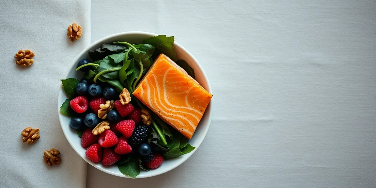 Tigela de frutas vermelhas, nozes, folhas verdes e um pedaço de salmão sobre mesa de linho clara