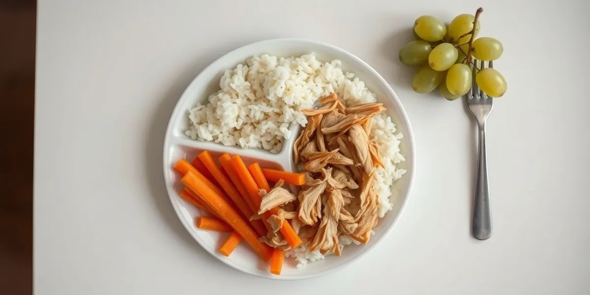 Prato infantil dividido com arroz, cenoura em palitos, frango desfiado e uva, sobre mesa clara