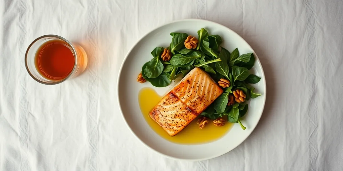 Prato com salmão, folhas verdes, nozes e azeite ao lado de uma xícara de chá sobre mesa de linho