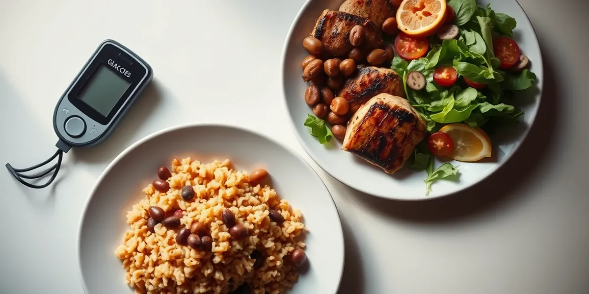 Prato com arroz integral, feijão, frango grelhado e salada, ao lado de um glicosímetro sobre mesa clara