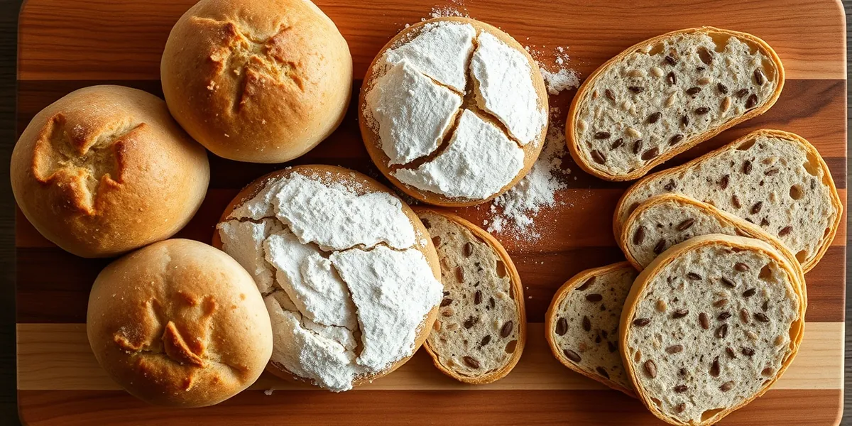 Pães e biscoitos sem glúten com farinha de arroz e sementes sobre tábua de madeira