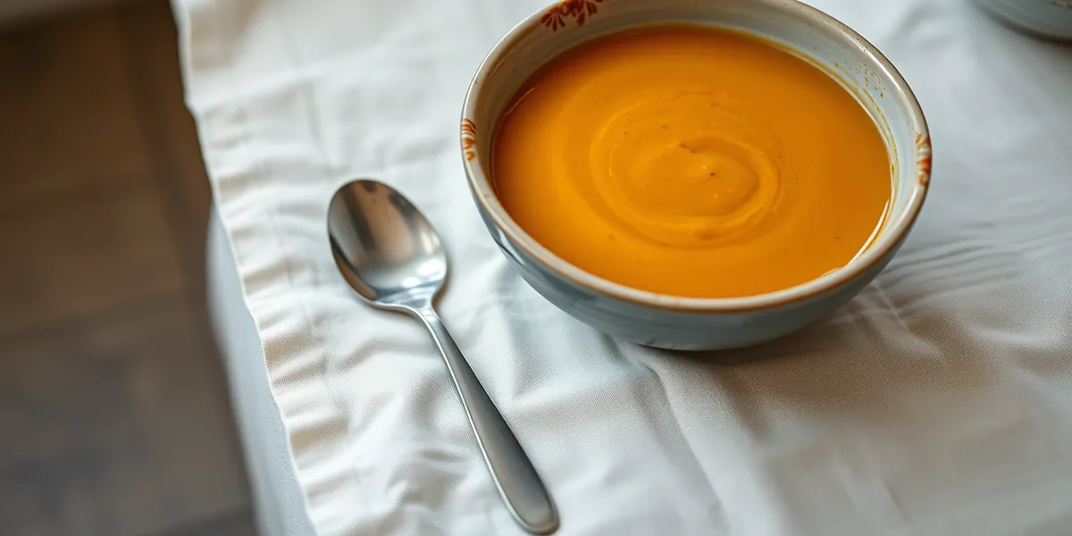 Sopa cremosa de abóbora em tigela de cerâmica com colher, sobre mesa de linho clara