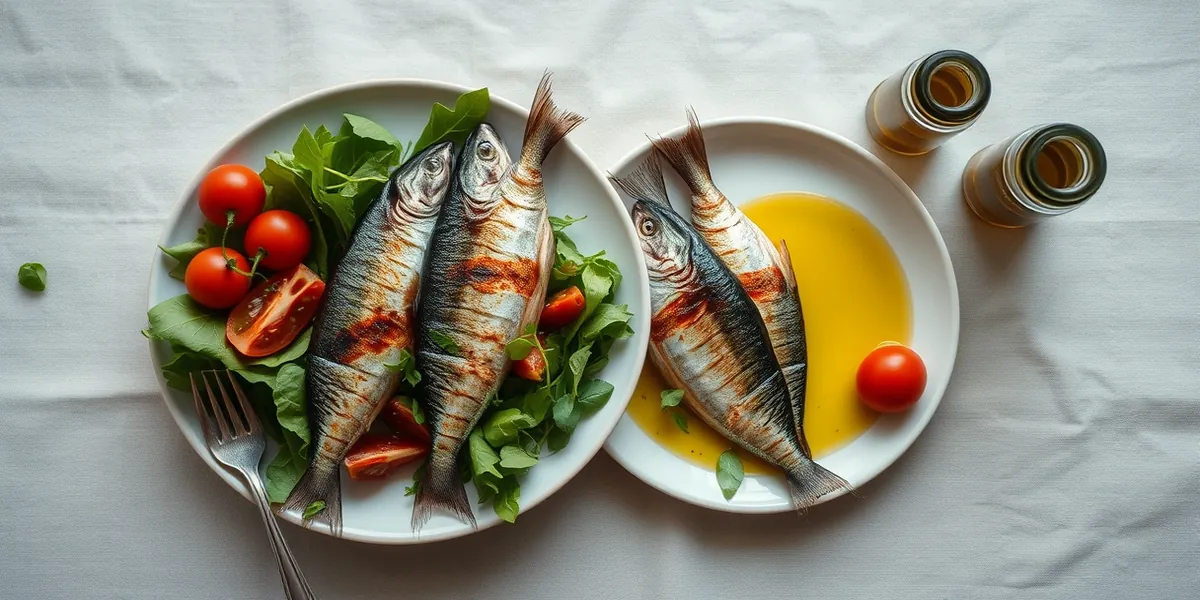 Prato com sardinha grelhada, salada de folhas, tomate cereja e azeite sobre mesa de linho clara