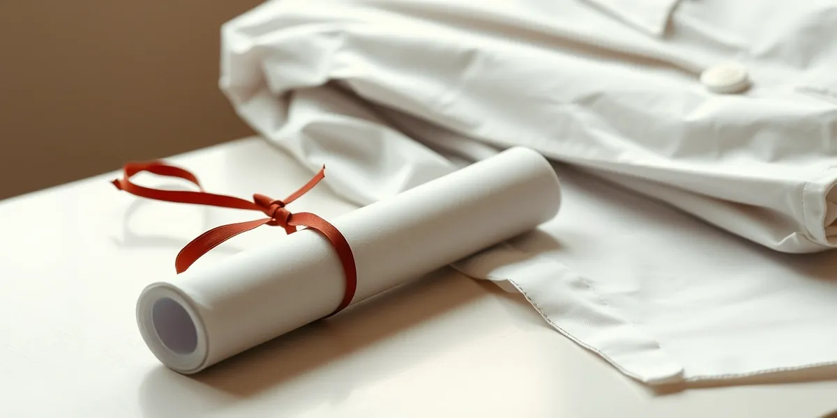 Diploma enrolado com fita ao lado de um jaleco branco dobrado e um estetoscópio sobre mesa clara