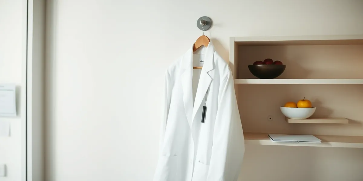 Jaleco branco pendurado ao lado de uma prateleira com frutas e um caderno em consultório claro