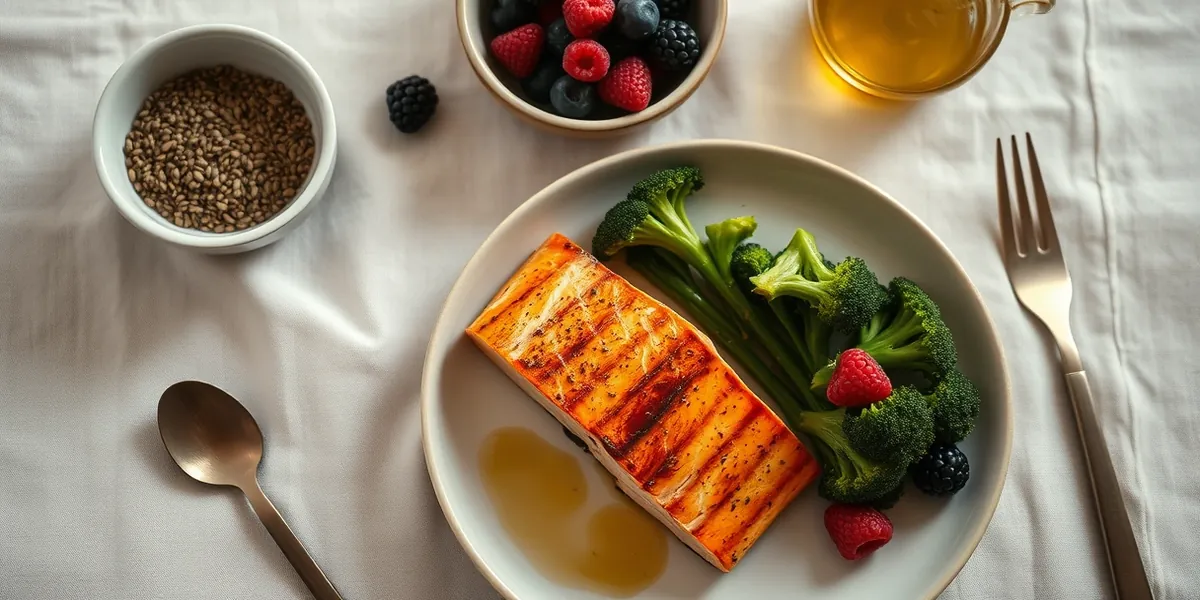 Salmão, brócolis, linhaça, azeite e frutas vermelhas sobre mesa de linho clara