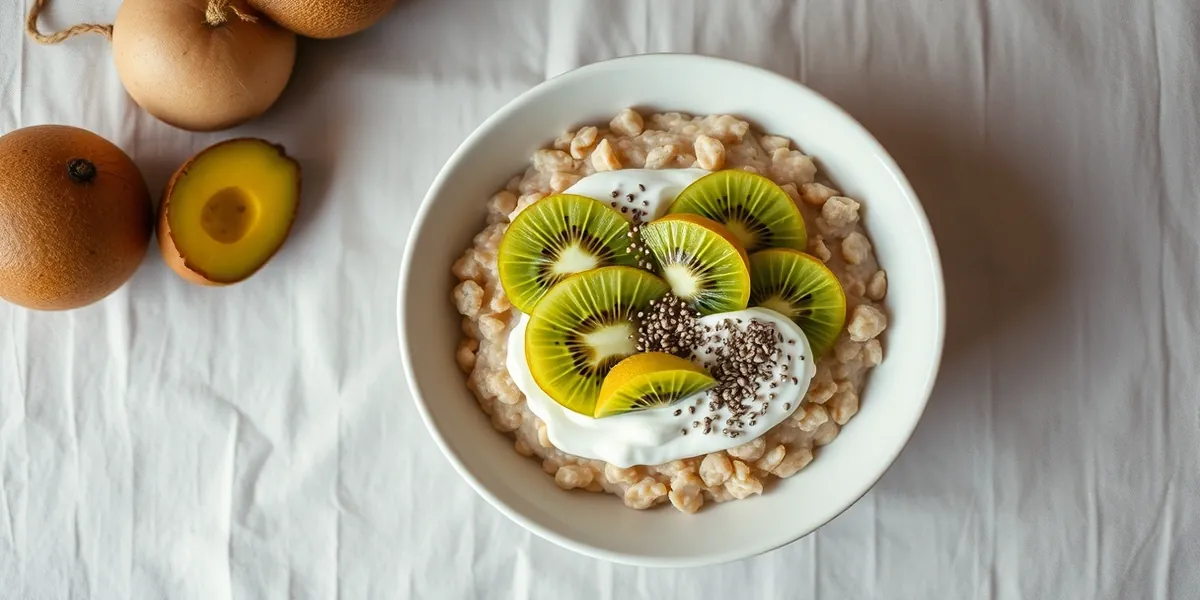 Tigela de aveia com kiwi, sementes de chia e iogurte natural sobre mesa de linho clara