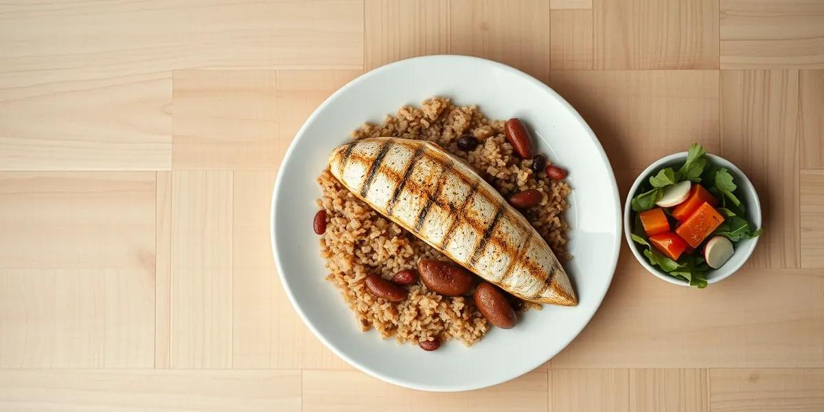 Prato com peixe grelhado, arroz integral, feijão e salada de folhas, sobre mesa de madeira clara