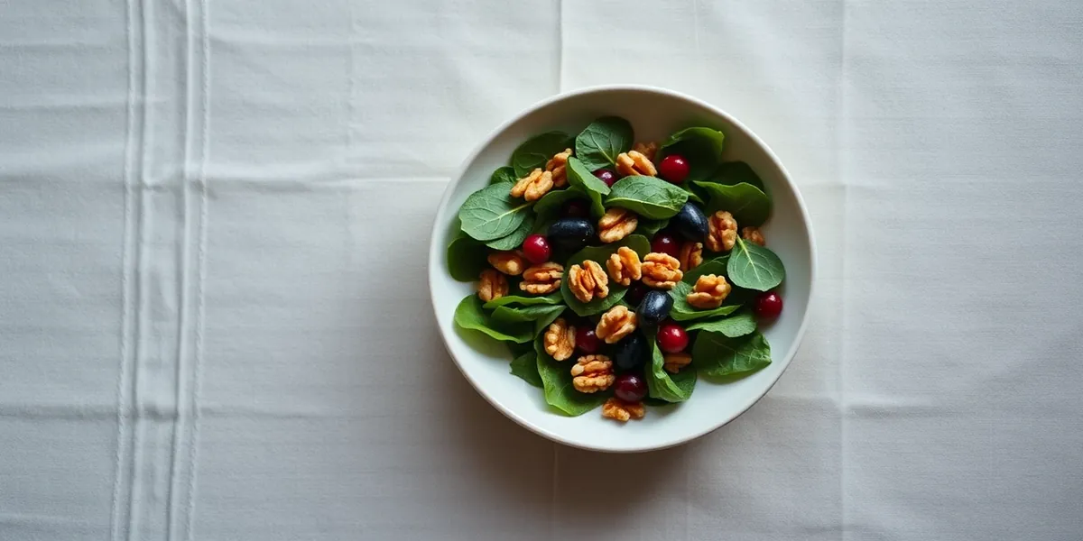 Tigela de salada com folhas verdes, nozes, frutas vermelhas e azeite sobre mesa de linho clara