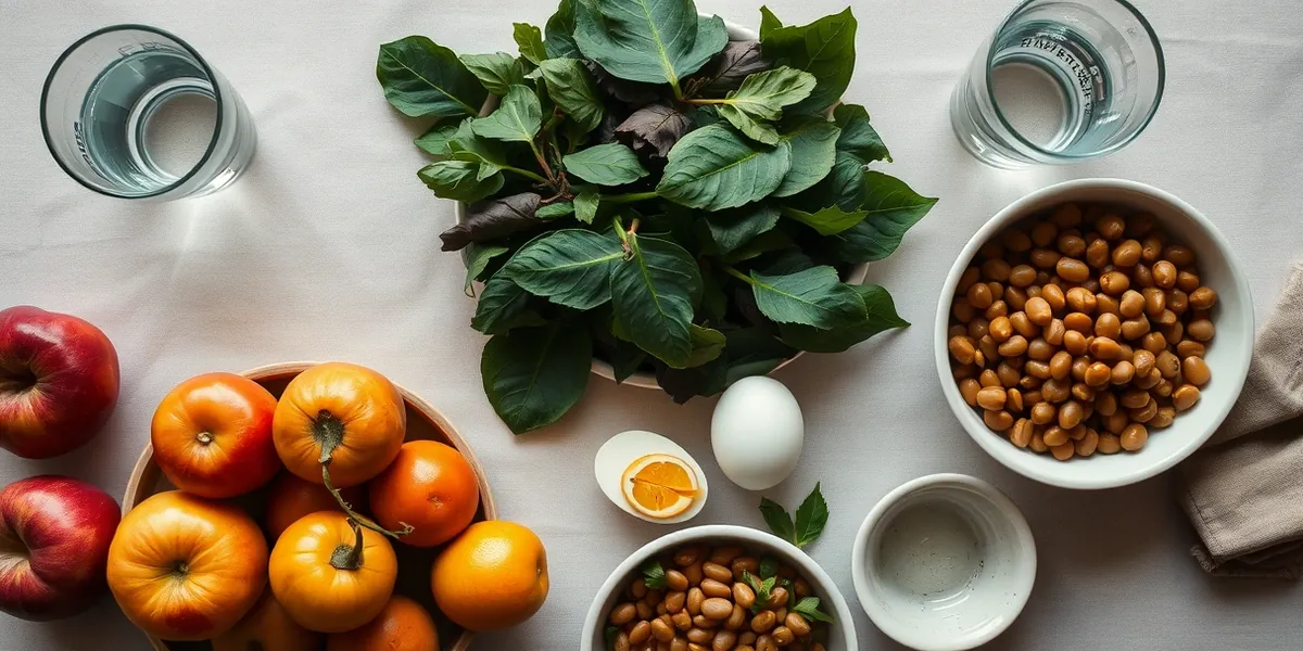 Mesa com frutas, folhas verdes, ovos, feijão e um copo de água, alimentação na gestação