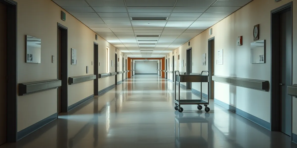 Corredor de hospital iluminado com carrinho de refeições ao fundo, sem pessoas