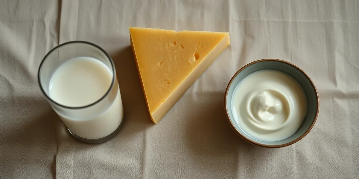 Copo de leite sem lactose, queijo curado e iogurte natural sobre mesa de linho clara