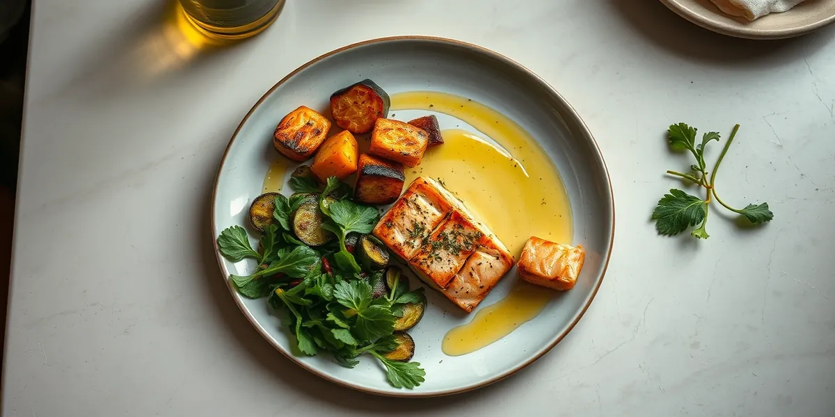 Prato com salmão grelhado, legumes assados e salada de folhas com azeite, refeição low carb