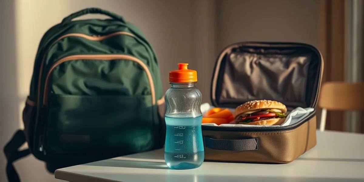 Mochila escolar ao lado de uma lancheira aberta com fruta, sanduíche integral e garrafa de água