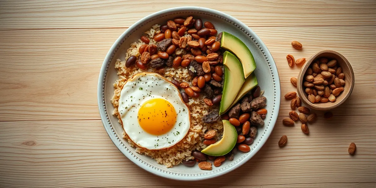 Prato farto com arroz, feijão, carne, ovos, abacate e castanhas sobre mesa de madeira clara
