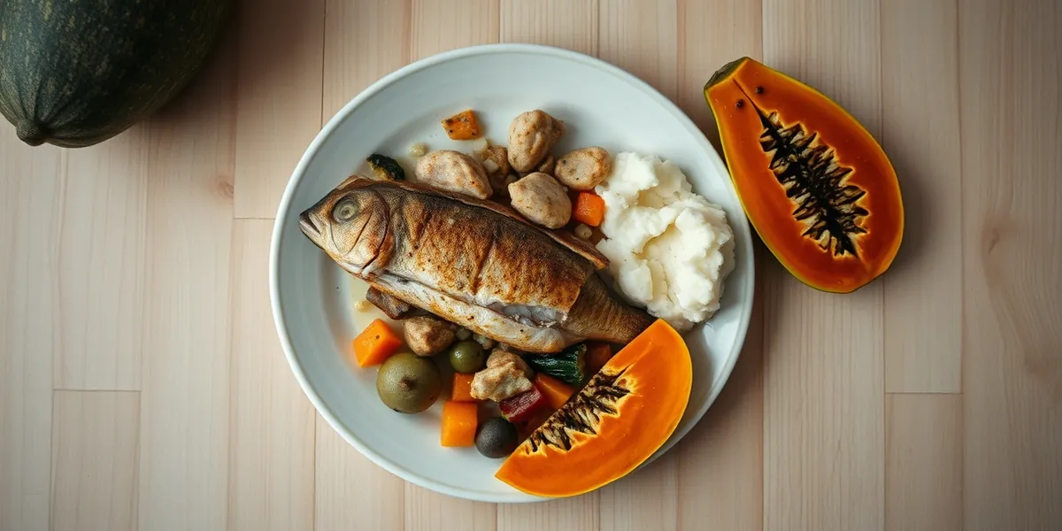 Prato com peixe assado, purê de batata, legumes cozidos e uma fatia de mamão, sobre mesa de madeira clara