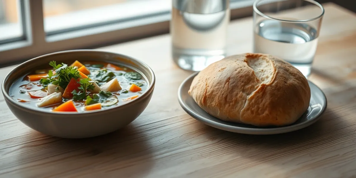 Sopa de legumes em tigela, pão macio e um copo de água sobre mesa de madeira clara