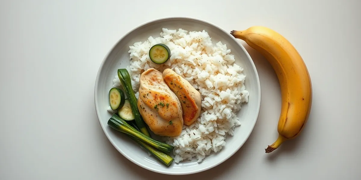Prato com frango cozido, arroz, abobrinha e banana, refeição leve para gastrite e refluxo