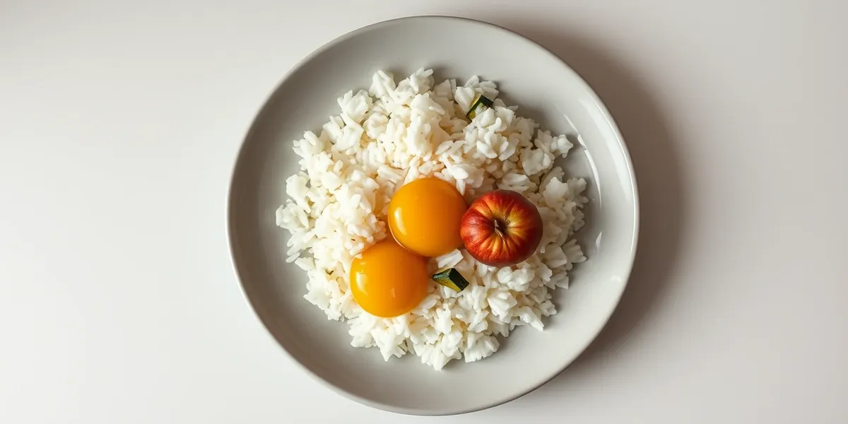 Prato com arroz, clara de ovo, abobrinha e maçã cozida, refeição controlada em potássio e fósforo
