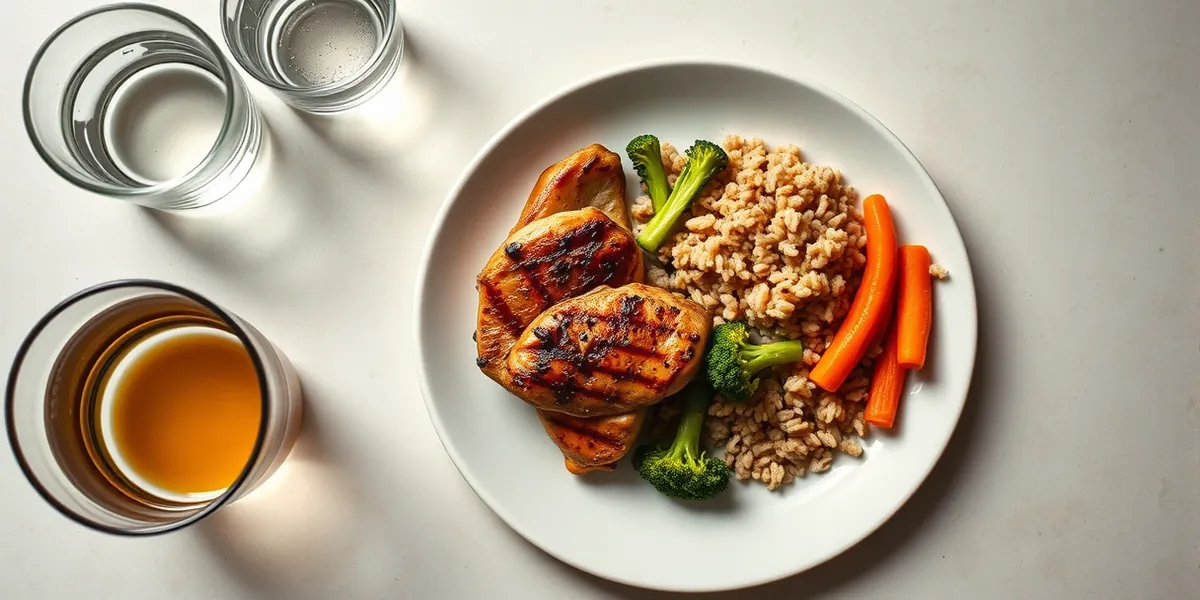 Prato colorido com frango, arroz integral, brócolis e cenoura ao lado de um copo de água, sobre mesa clara