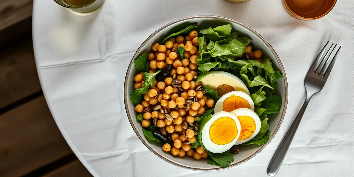 Salada com folhas verdes, grão de bico, abacate, ovos cozidos e sementes sobre mesa de linho clara