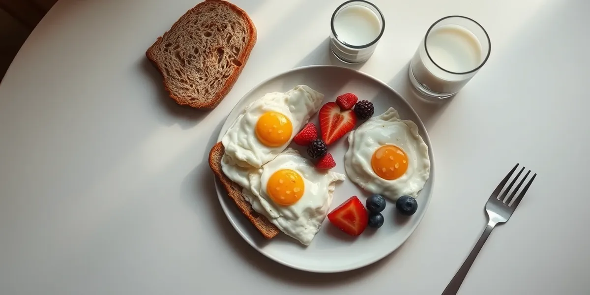 Café da manhã com ovos mexidos, pão integral, fruta e um copo de leite sobre mesa clara