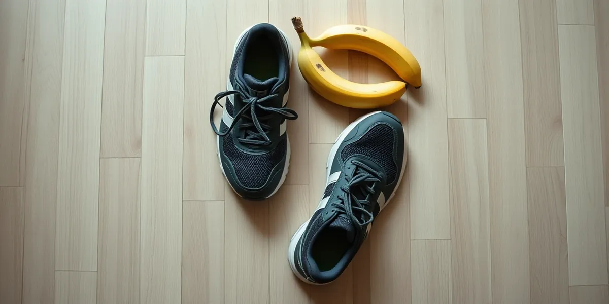 Tênis de corrida, garrafa de água e uma banana sobre piso de madeira clara