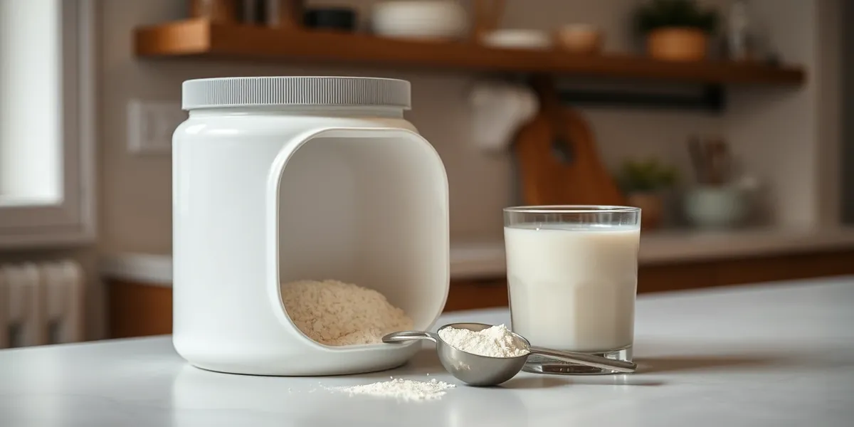 Pote de whey protein aberto com scoop e um copo de leite sobre bancada de cozinha clara