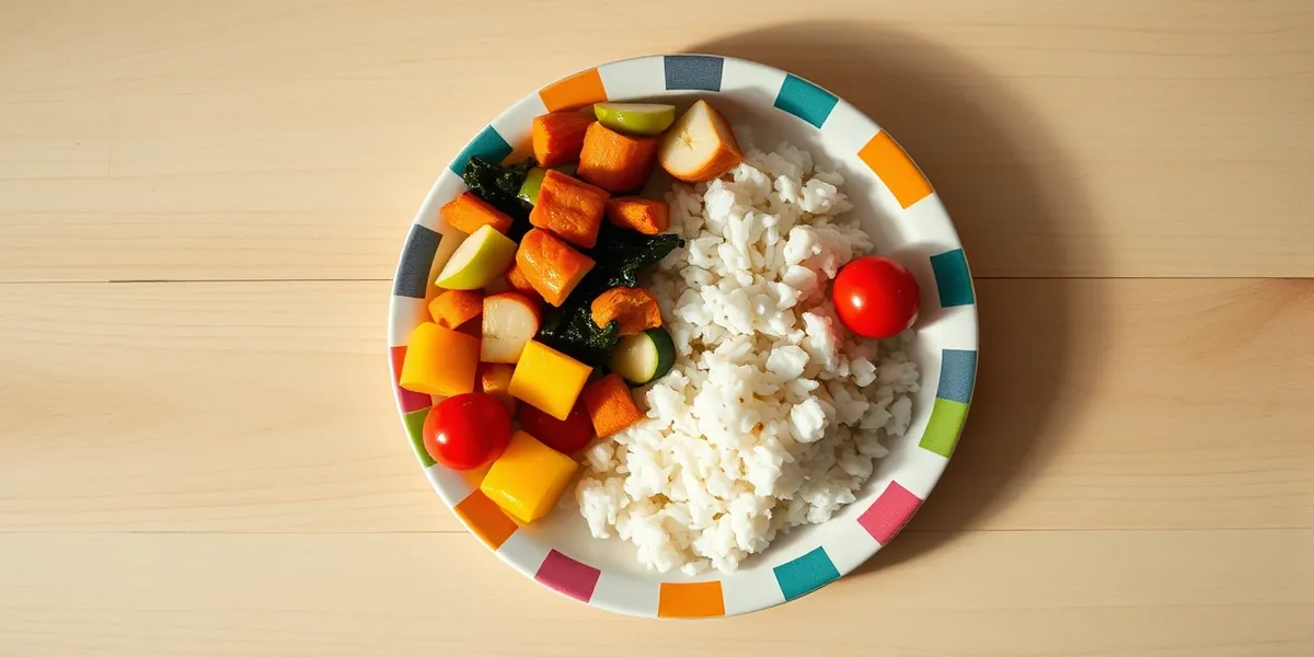 Prato infantil colorido com pequenas porções de legumes, fruta e arroz, sobre mesa de madeira clara