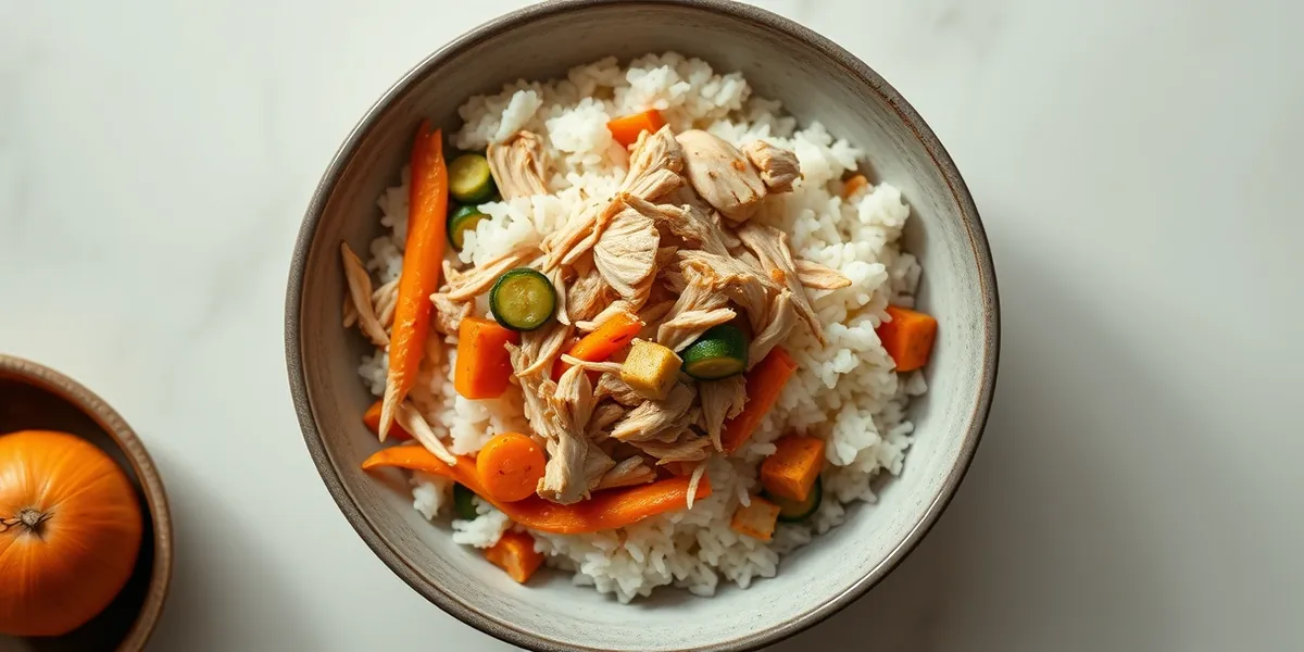 Tigela de arroz com frango desfiado, cenoura e abobrinha, refeição de baixa fermentação, sobre mesa clara