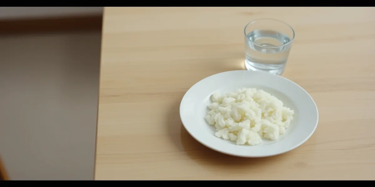 Prato branco com uma pequena porção de arroz e um copo de água sobre mesa de madeira clara