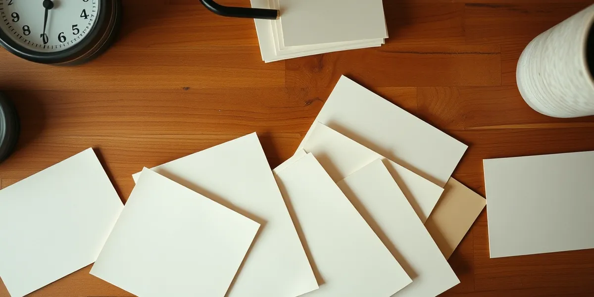 Fichas de papel em cores diferentes dispostas em leque sobre mesa de madeira, cada uma representando uma área da nutrição